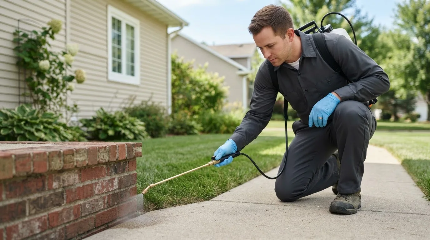 Pest control technician treating a home near Clarion, IA