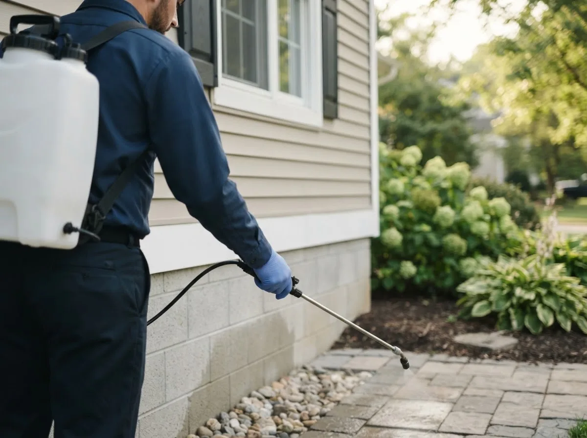 Pest control technician inspecting a home in Clarion, IA